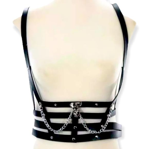 Wild Time Fashion Accessories New Black Chest Harness Silver Chain Cage Corset Body Harness